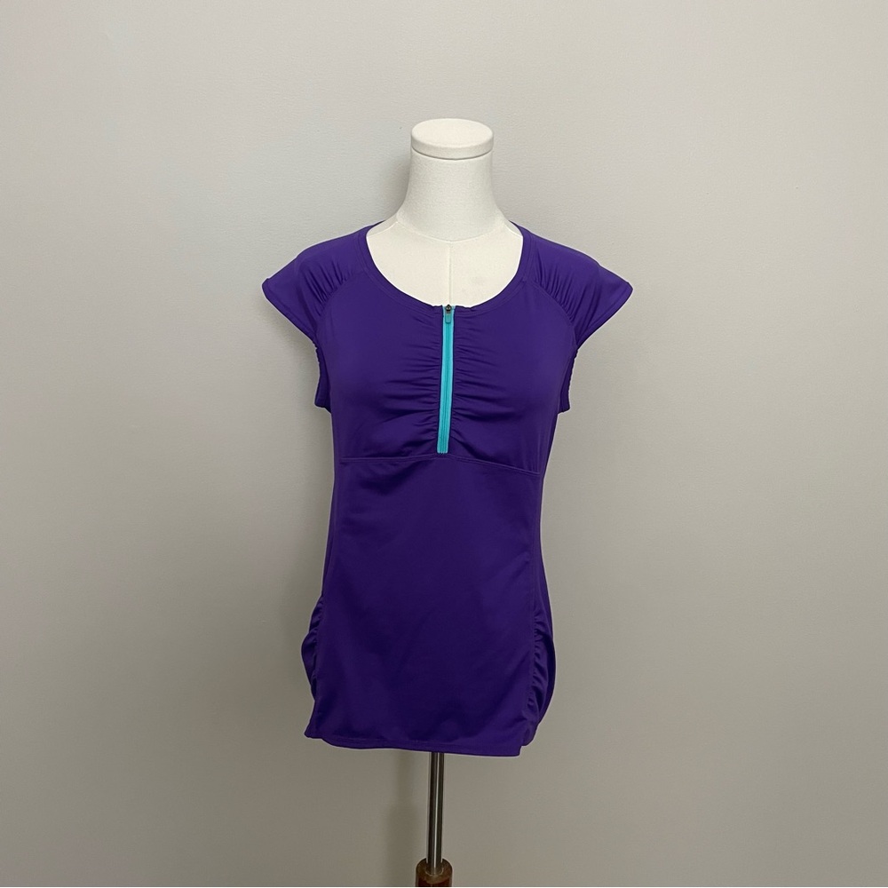 Athleta Top Biker Athletic Cap Sleeves Ruched Pocket Lightweight Purple Blue
